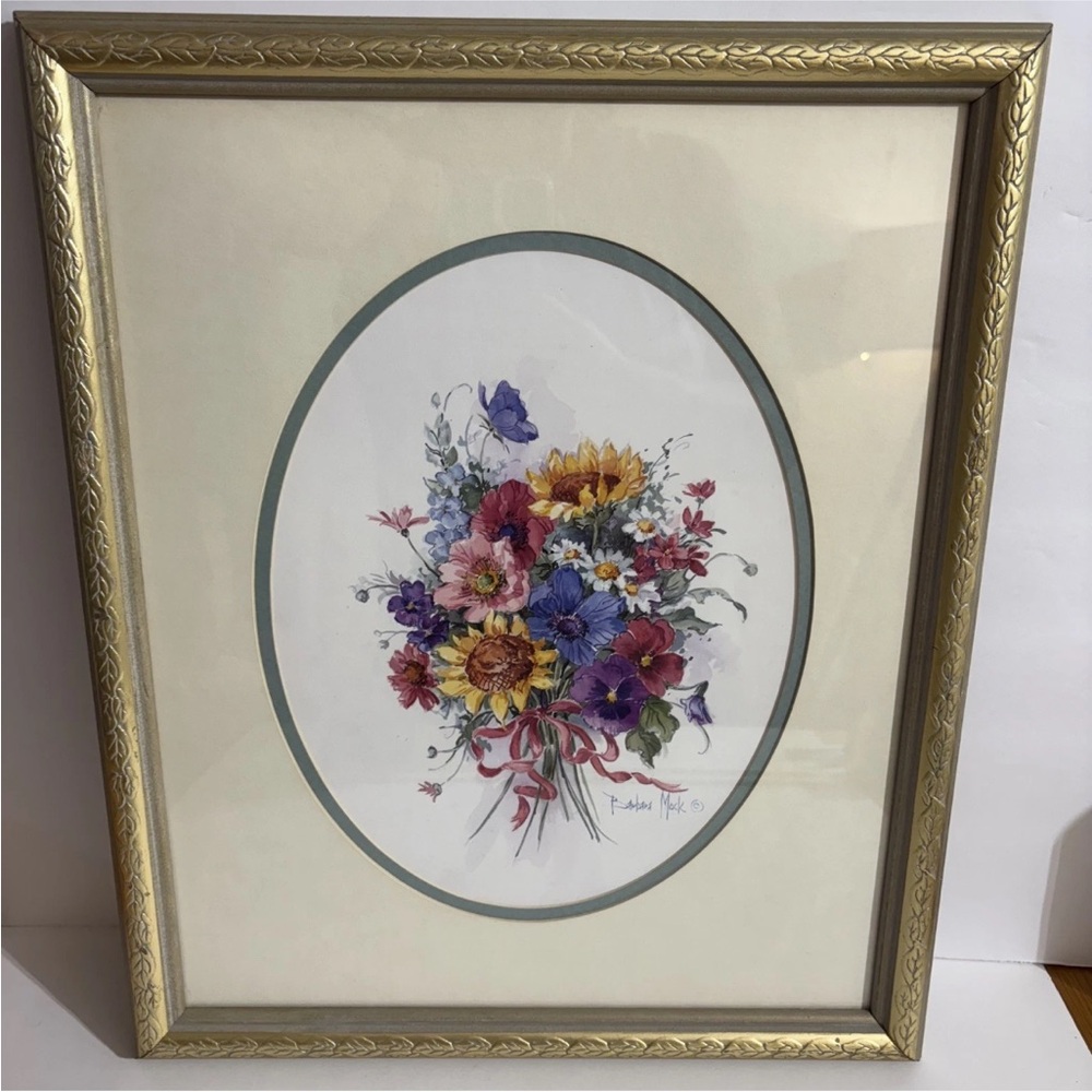 VTG Barbara Mock Floral Gold Framed Flower Bouquet Print Daisies Sunflowers